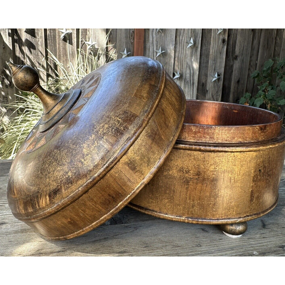 Vintage Burmese-Style Gold Wooden Lidded Bowl - Picture 3 of 12